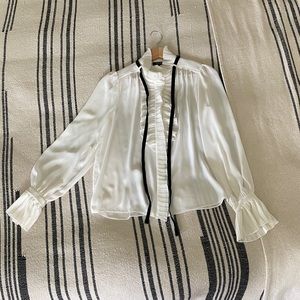 ME + EM silky white ruffled long-sleeve blouse, pleat detail, black velvet tie
